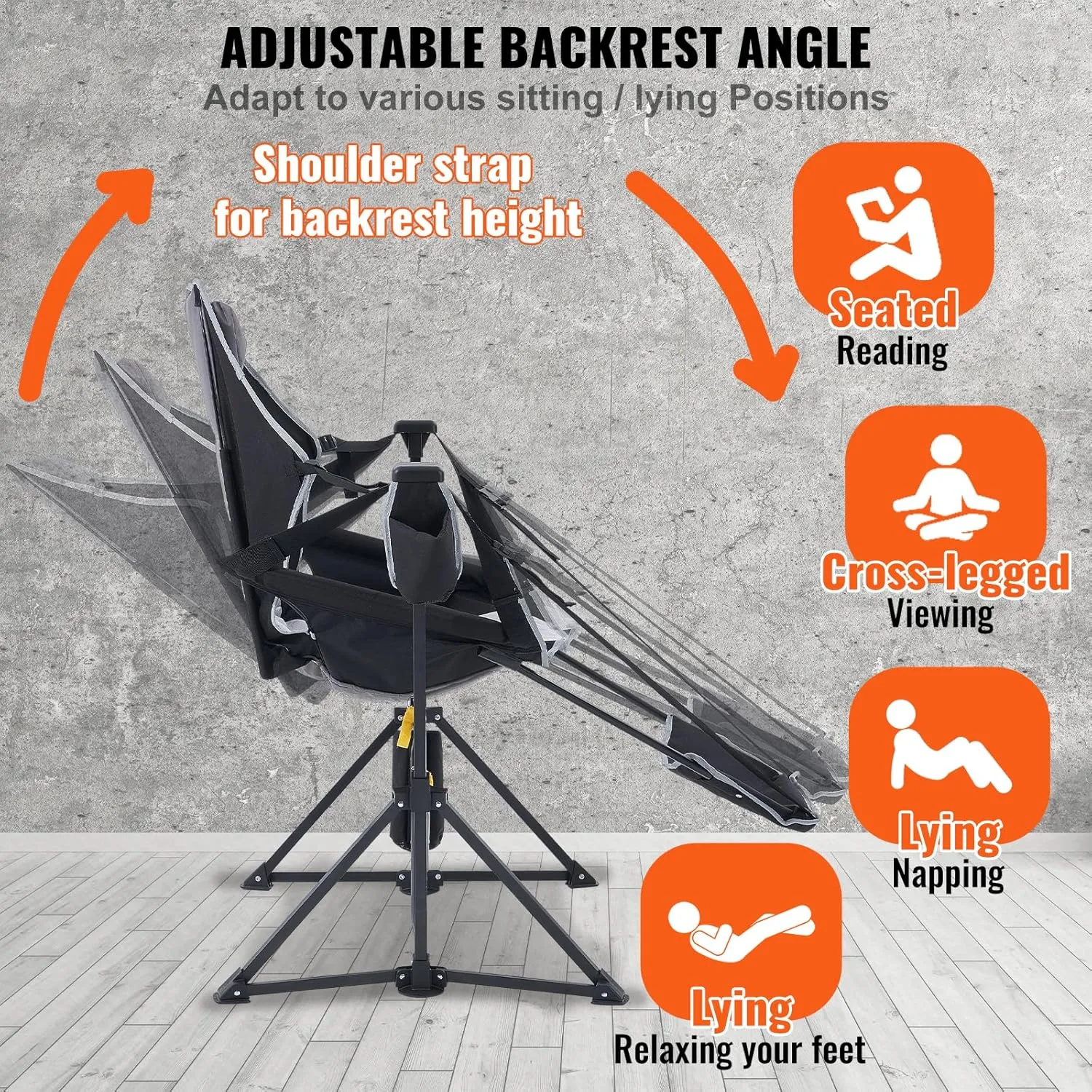 VEVOR Reclining Camping Chair, 300 lbs Load Camping Hammock Chair, Rocking Lounge Folding Chair with Footrest, Storage Bag, Headrest & Adjustable Backrest, for Camping and Other Outdoor Activities
