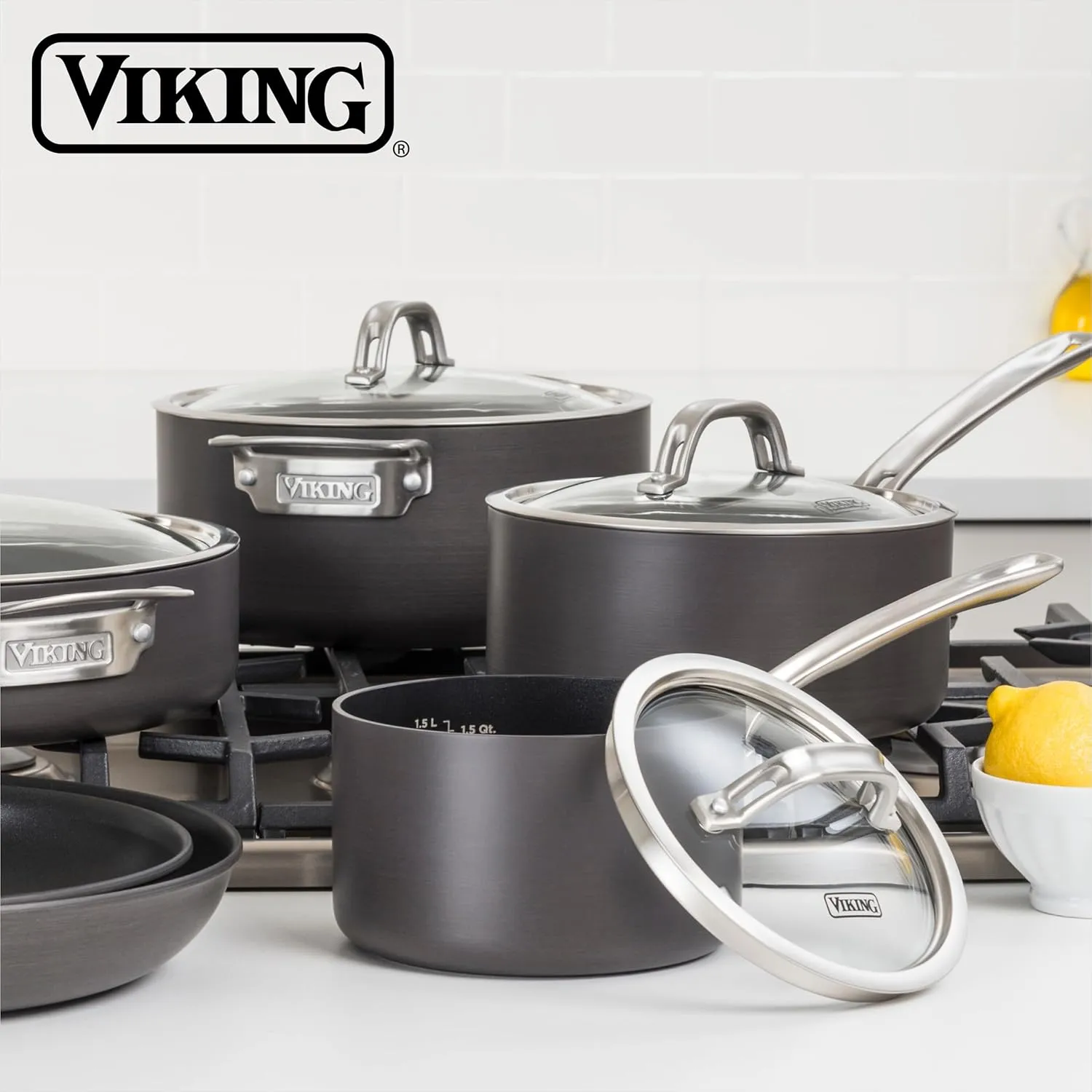 Viking Non Stick Sauce Pan with Glass Lid, 1 Quart Hard Anodized Nonstick Saucepan Cooking Pot, Dishwasher and Oven Safe, Induction Ready, Gray