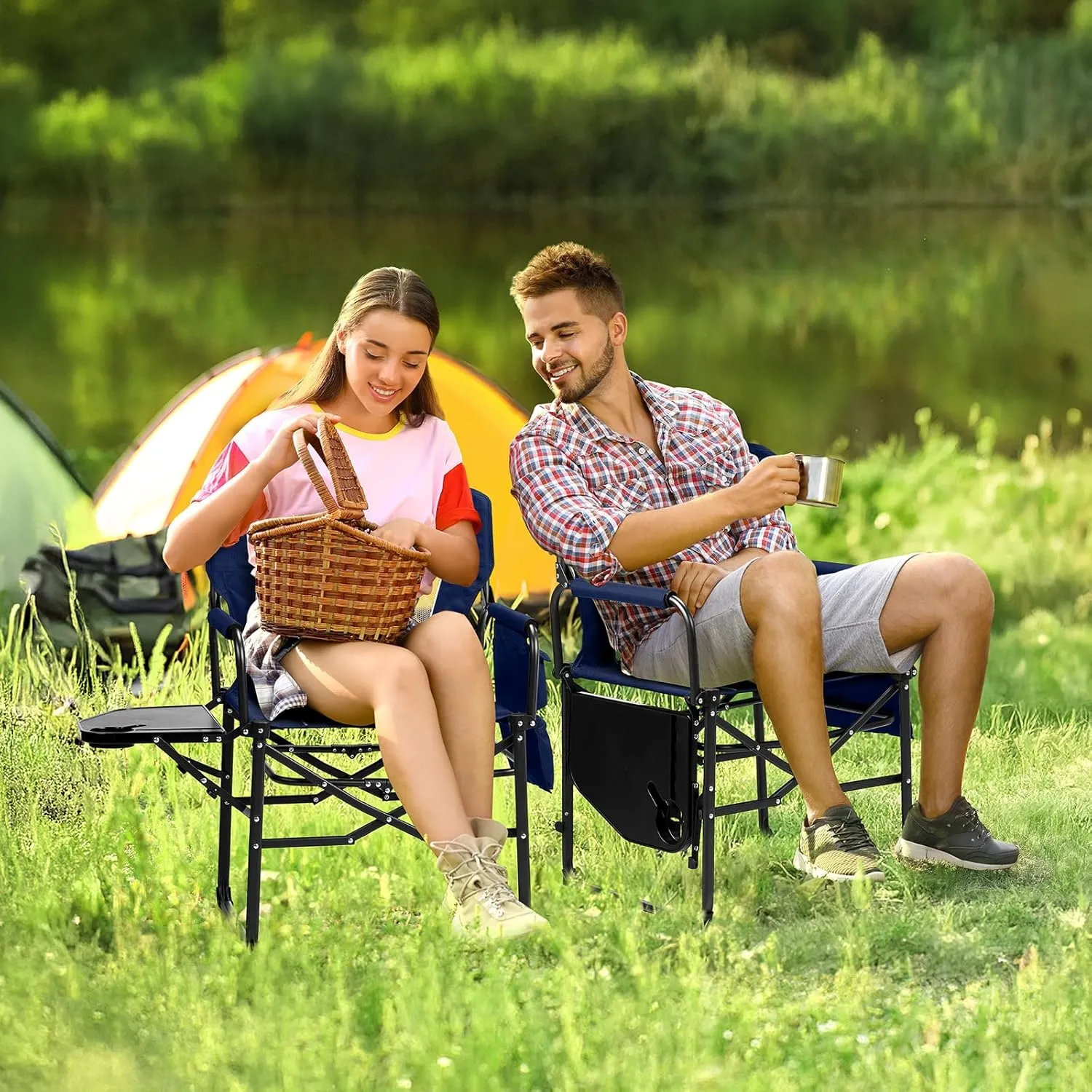 VINGLI Camping Chairs, Directors Chair, Camping Chair with Side Table & Carry Bag，Heavy Duty Camping Chairs for Adults, Portable Folding Camping Chair, Pocket for Beach, Fishing,Trip,Picnic,Lawn-Blue