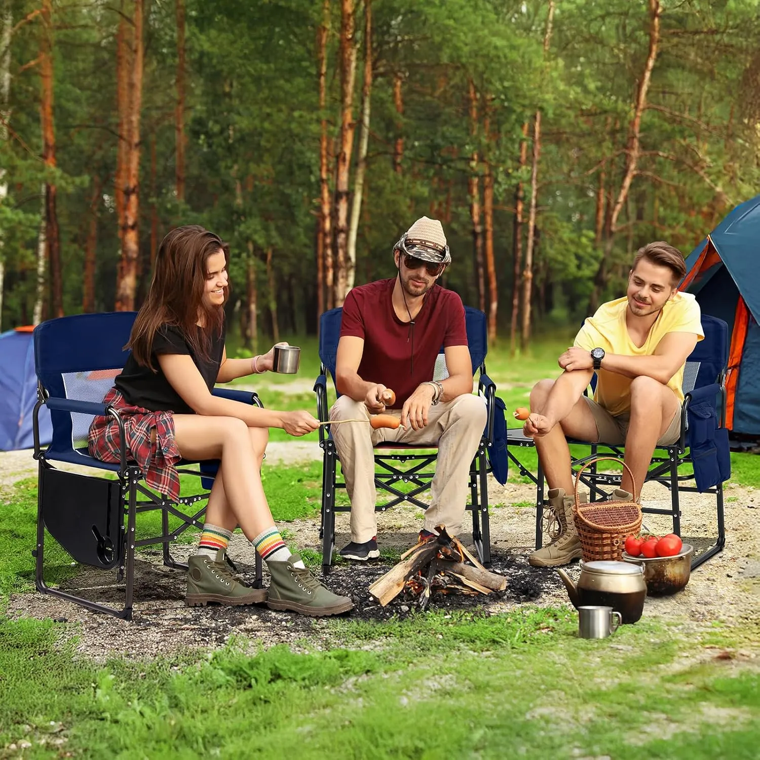 VINGLI Camping Chairs, Directors Chair, Camping Chair with Side Table & Carry Bag，Heavy Duty Camping Chairs for Adults, Portable Folding Camping Chair, Pocket for Beach, Fishing,Trip,Picnic,Lawn-Blue