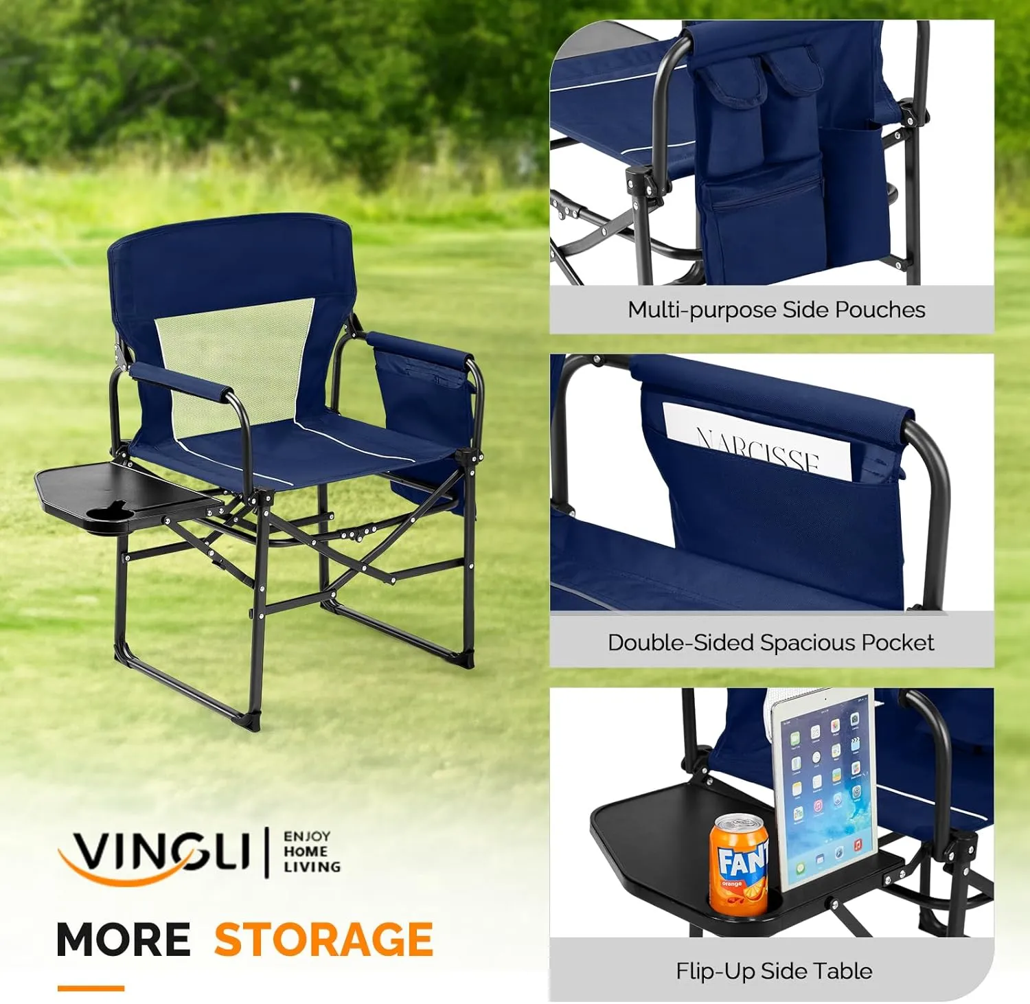 VINGLI Camping Chairs, Directors Chair, Camping Chair with Side Table & Carry Bag，Heavy Duty Camping Chairs for Adults, Portable Folding Camping Chair, Pocket for Beach, Fishing,Trip,Picnic,Lawn-Blue