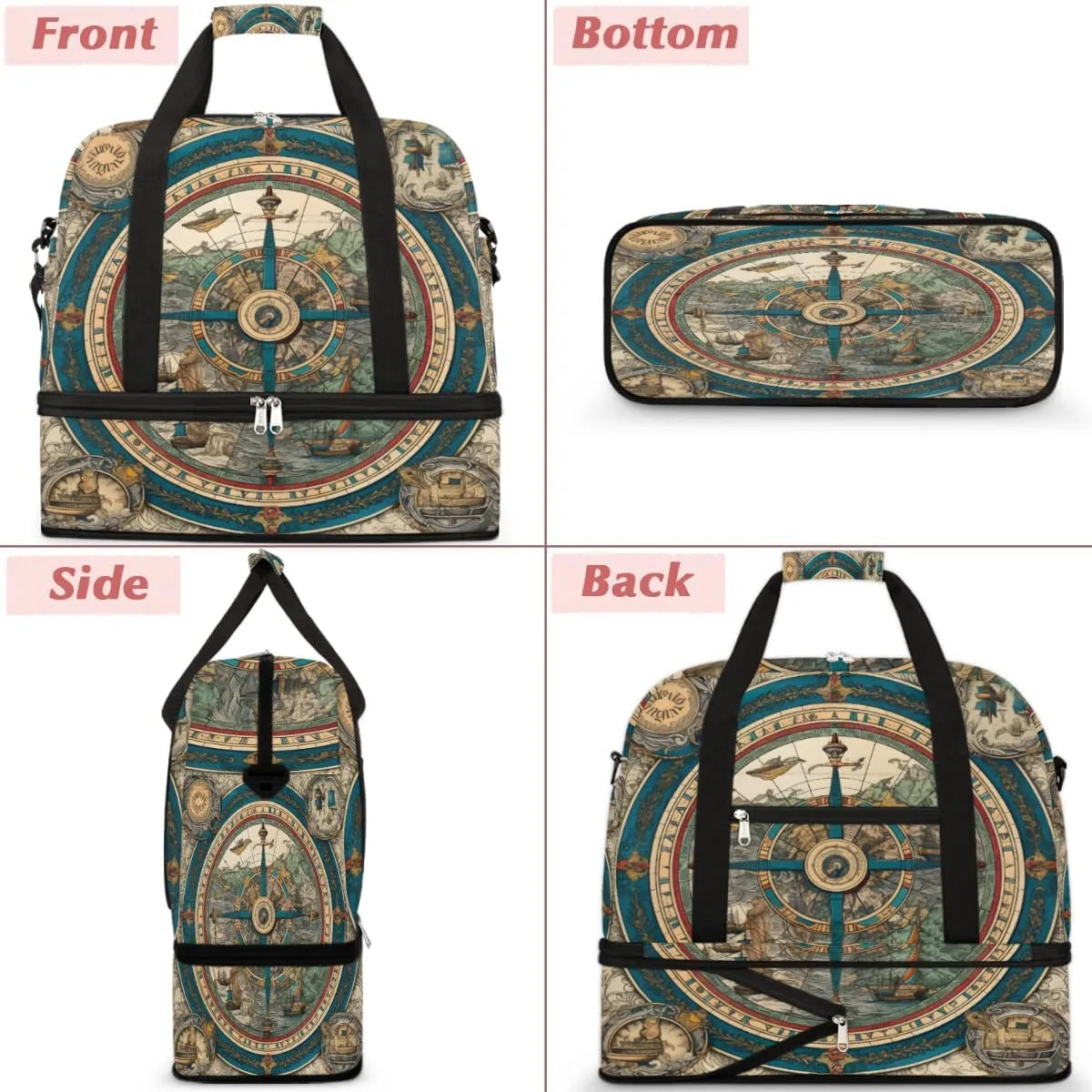Vintage Compass Foldable Duffle Bag with Shoes Compartment Large Capacity Waterproof Travel Weekender Bag Overnight Bag for Sports Gym
