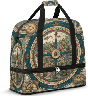 Vintage Compass Foldable Duffle Bag with Shoes Compartment Large Capacity Waterproof Travel Weekender Bag Overnight Bag for Sports Gym