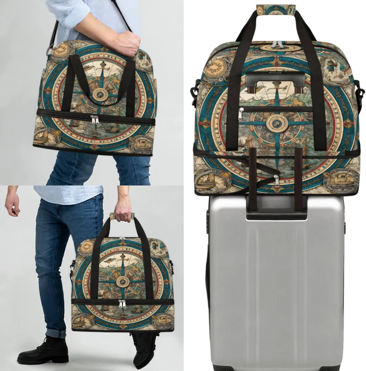 Vintage Compass Foldable Duffle Bag with Shoes Compartment Large Capacity Waterproof Travel Weekender Bag Overnight Bag for Sports Gym