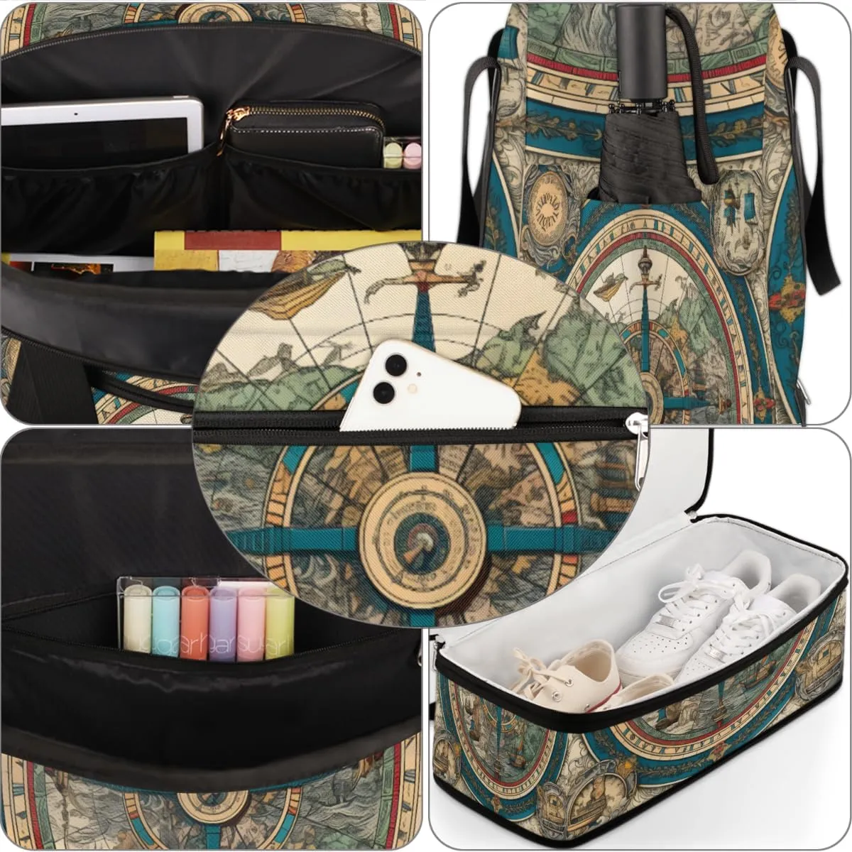 Vintage Compass Foldable Duffle Bag with Shoes Compartment Large Capacity Waterproof Travel Weekender Bag Overnight Bag for Sports Gym