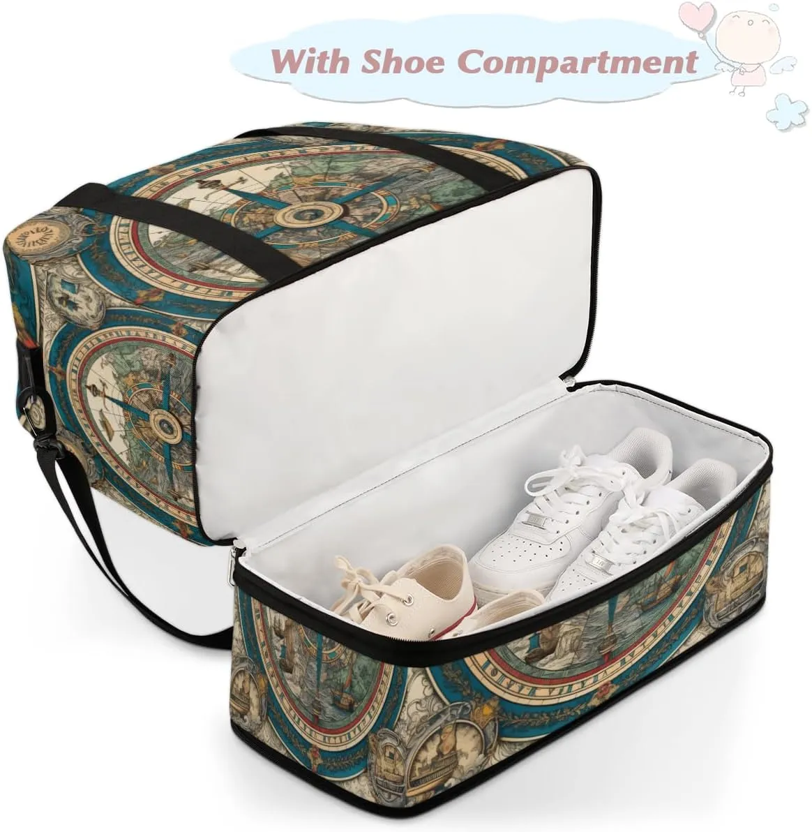 Vintage Compass Foldable Duffle Bag with Shoes Compartment Large Capacity Waterproof Travel Weekender Bag Overnight Bag for Sports Gym