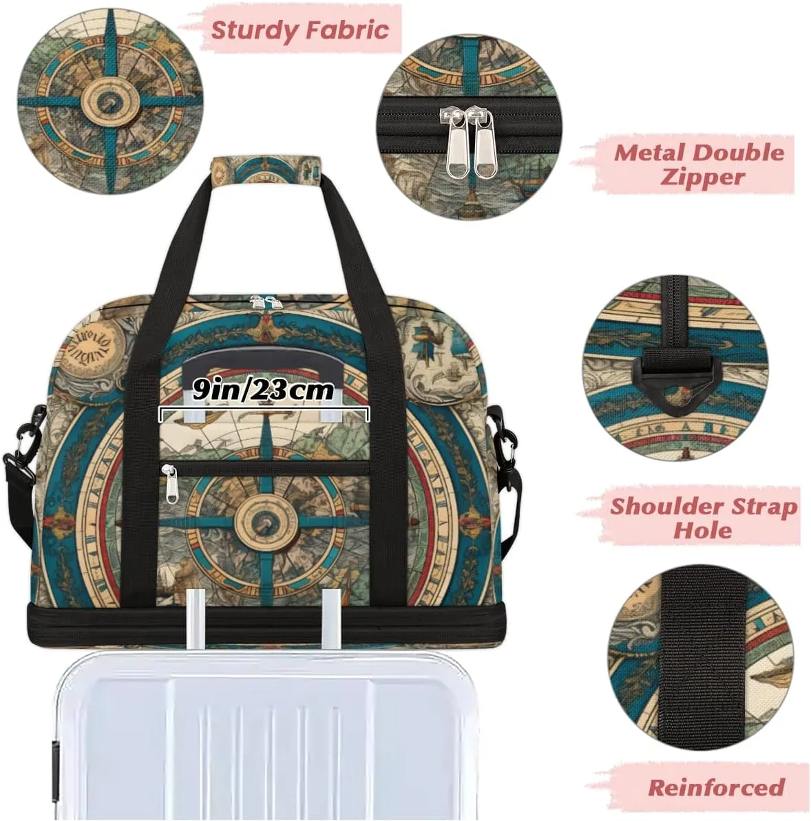 Vintage Compass Foldable Duffle Bag with Shoes Compartment Large Capacity Waterproof Travel Weekender Bag Overnight Bag for Sports Gym