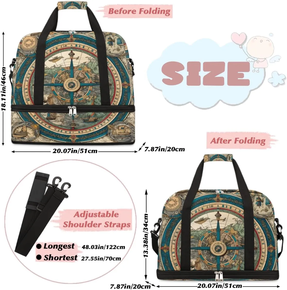 Vintage Compass Foldable Duffle Bag with Shoes Compartment Large Capacity Waterproof Travel Weekender Bag Overnight Bag for Sports Gym