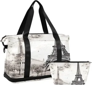 Vintage Eiffel Tower Sports Gym Bag with Waterproof Dry Wet Pocket, Travel Duffel Bag for Women Men，Workout Bag Fits Yoga, Swimming