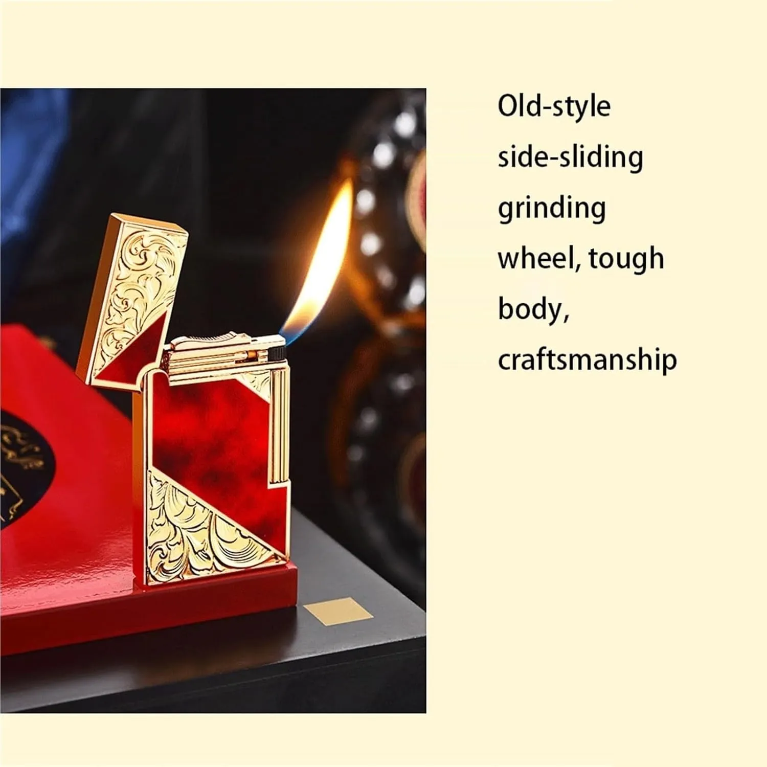Vintage Side Slide Grinding Wheel Butane Lighters, Antique Embossed Metal, Classic Flip Top with Sound, Windproof Adjustable Flame, Refillable Gas Lighter for Travel Camping(Black1)