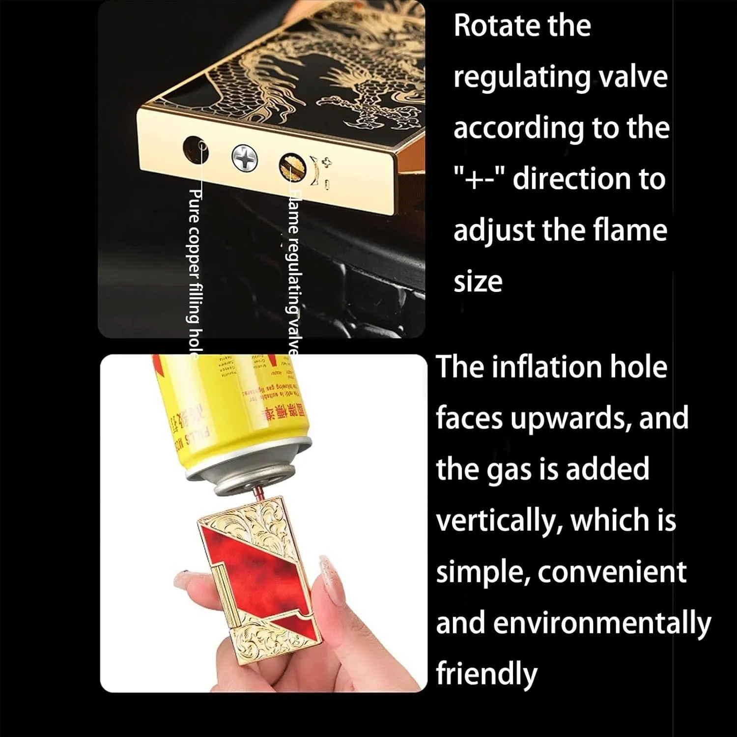 Vintage Side Slide Grinding Wheel Butane Lighters, Antique Embossed Metal, Classic Flip Top with Sound, Windproof Adjustable Flame, Refillable Gas Lighter for Travel Camping(Black1)