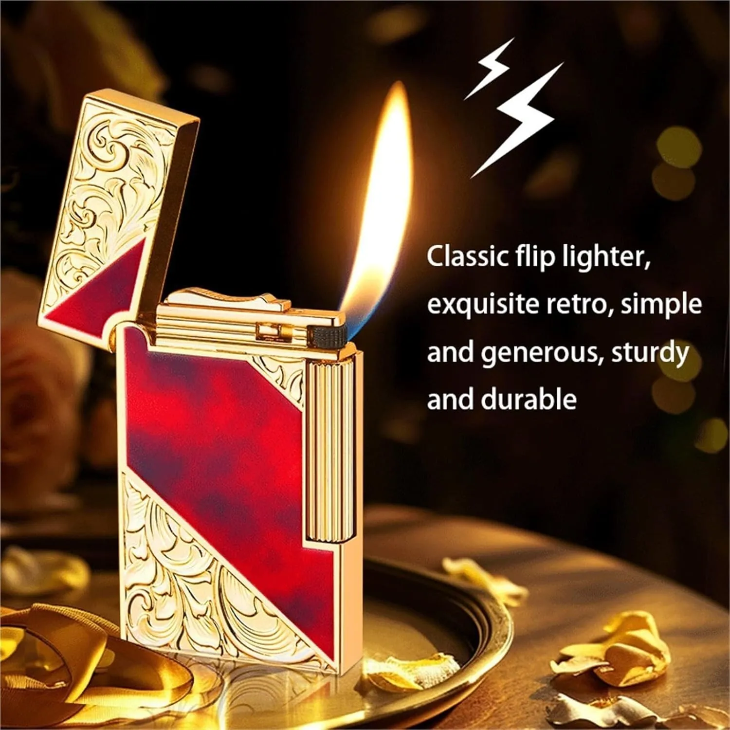 Vintage Side Slide Grinding Wheel Butane Lighters, Antique Embossed Metal, Classic Flip Top with Sound, Windproof Adjustable Flame, Refillable Gas Lighter for Travel Camping(Black1)