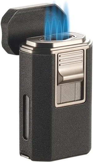 Visol Boulder Butane Torch Quad Flame Refillable Gas Lighter, Built in Cutter, Two Built in Punches, Built in Rest, Windproof Adjustable Flame Lighter (Shipped Without Butane) (Black)