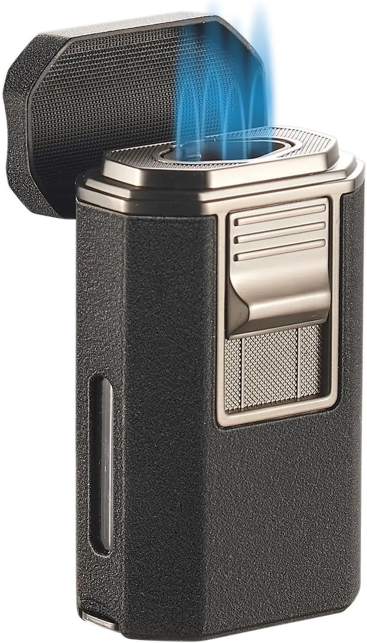 Visol Boulder Butane Torch Quad Flame Refillable Gas Lighter, Built in Cutter, Two Built in Punches, Built in Rest, Windproof Adjustable Flame Lighter (Shipped Without Butane) (Black)