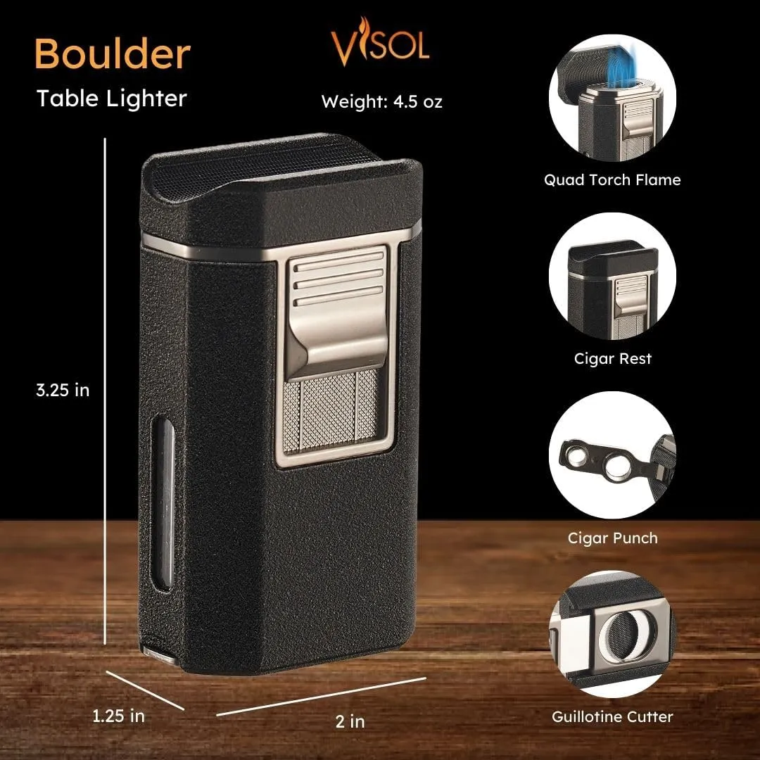 Visol Boulder Butane Torch Quad Flame Refillable Gas Lighter, Built in Cutter, Two Built in Punches, Built in Rest, Windproof Adjustable Flame Lighter (Shipped Without Butane) (Black)