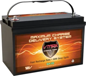 VMAXSLR125 AGM 12V 125Ah SLA rechargeable deep cycle battery for use with Pv solar panels smart chargers, wind turbines and inverters and backup power (12 volt 125Ah group 31 AGM)