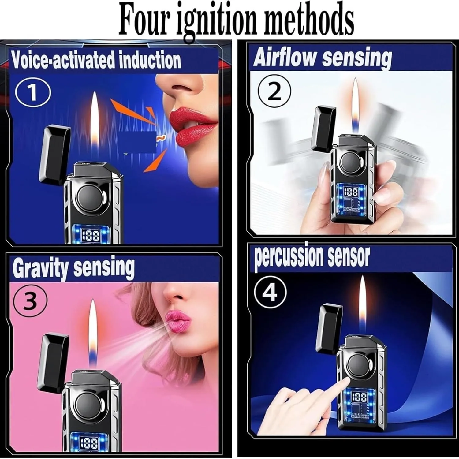 Voice Smart Sensor Dual Flame Butane Lighter, 4 Ignition Modes, Visible Air Window, Refillable Fuel, Gift for Men (Butane Not Included)(Green)