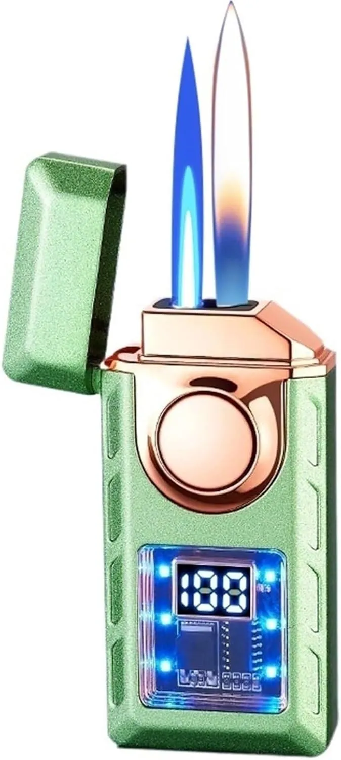 Voice Smart Sensor Dual Flame Butane Lighter, 4 Ignition Modes, Visible Air Window, Refillable Fuel, Gift for Men (Butane Not Included)(Green)