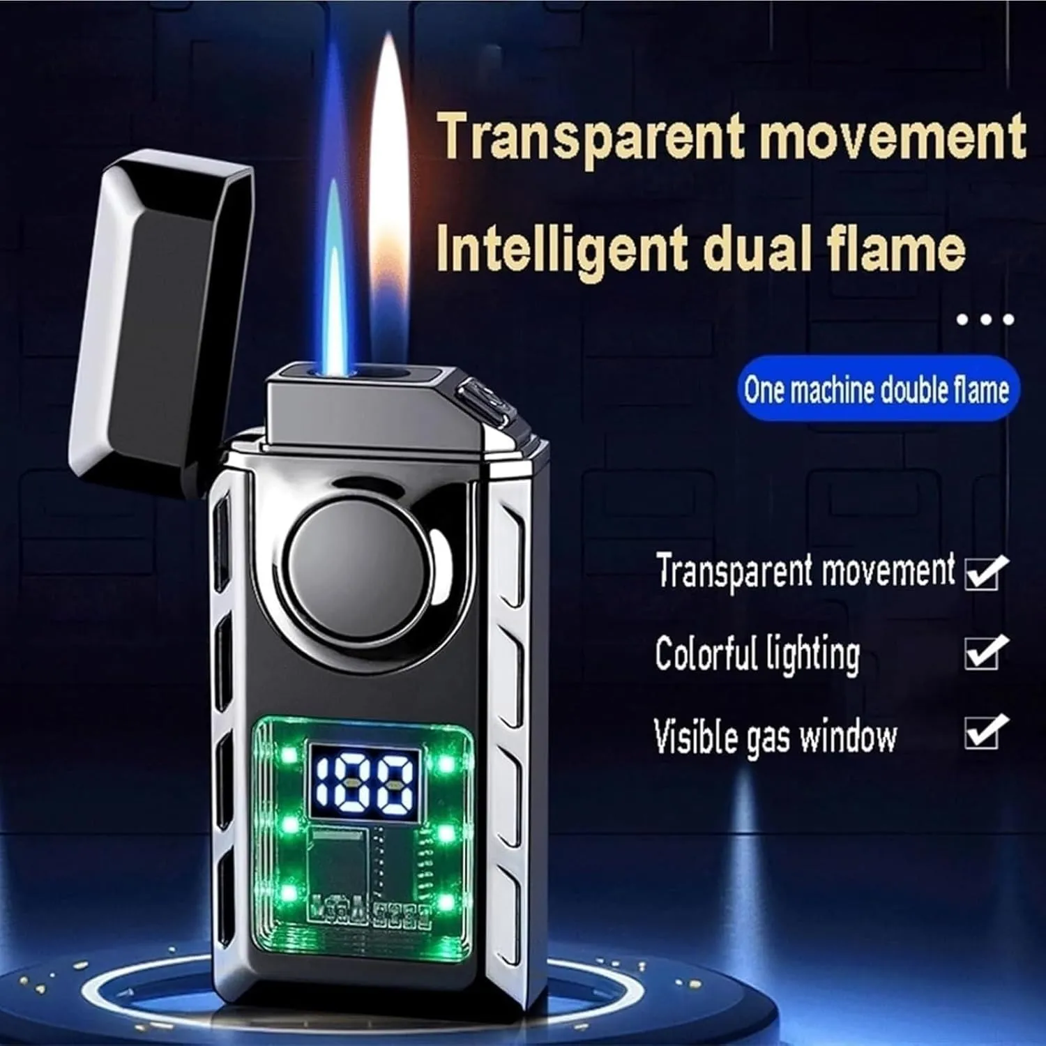 Voice Smart Sensor Dual Flame Butane Lighter, 4 Ignition Modes, Visible Air Window, Refillable Fuel, Gift for Men (Butane Not Included)(Green)