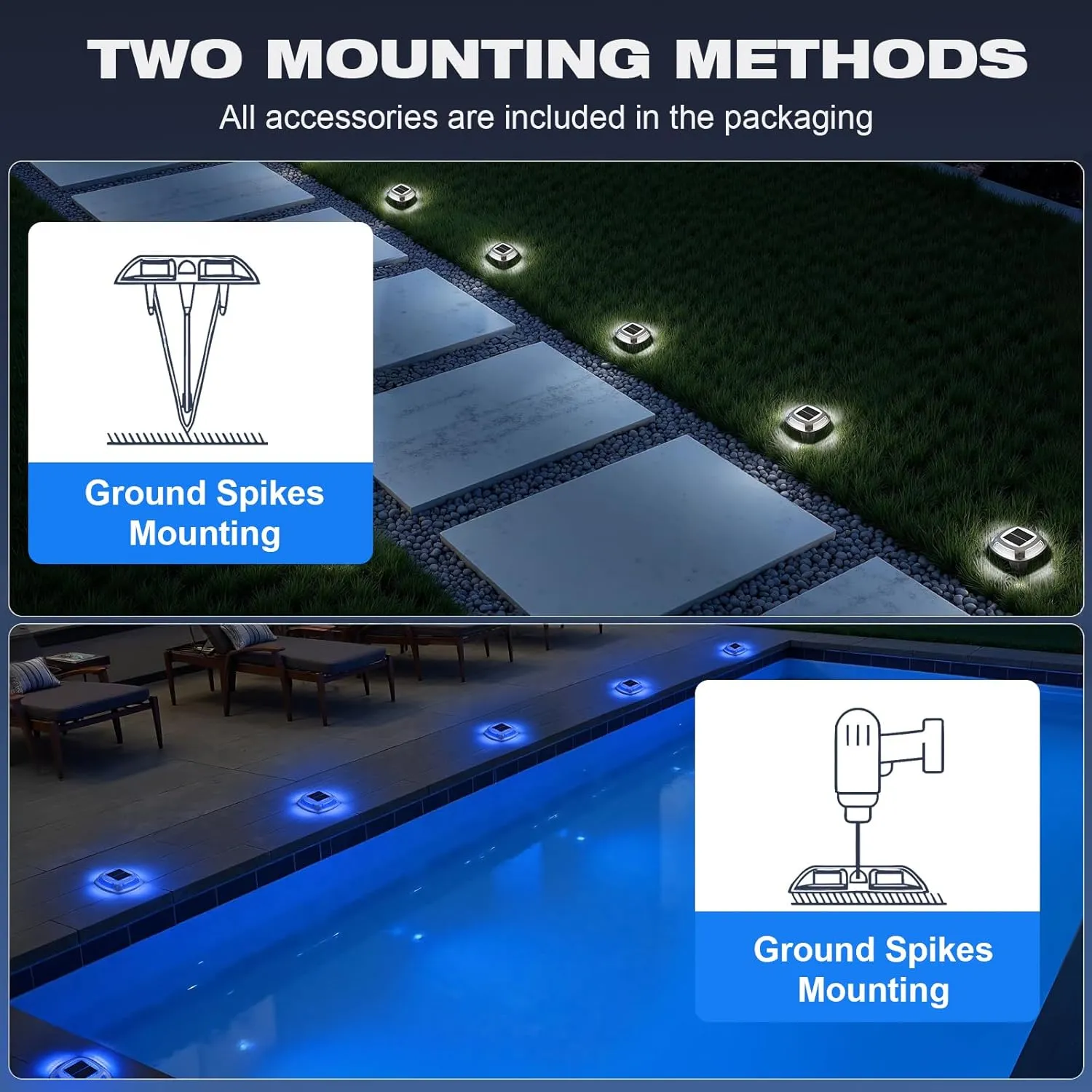 VOLISUN Solar Driveway Lights 8 Pack Waterproof Dock & Deck Marker Lights,2-in-1 Blue & White LED,IP67 Wireless Outdoor Solar Light for Driveways,Sidewalks,Pathways,and Yards