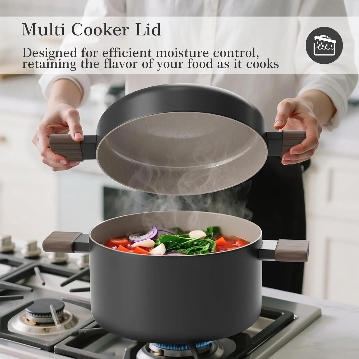 VONIKI Ceramic Cookware Set, Nonstick Stock Pots With Stainless Steel Steamer for Cooking Pot Set, Soup Pot With Lid, Multipots with Steamer Basket for Pot, Pasta Strainer Insert, Pots and Pans Black