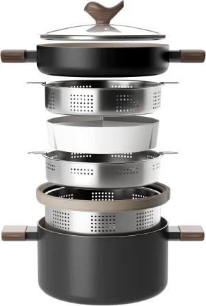 VONIKI Ceramic Cookware Set, Nonstick Stock Pots With Stainless Steel Steamer for Cooking Pot Set, Soup Pot With Lid, Multipots with Steamer Basket for Pot, Pasta Strainer Insert, Pots and Pans Black