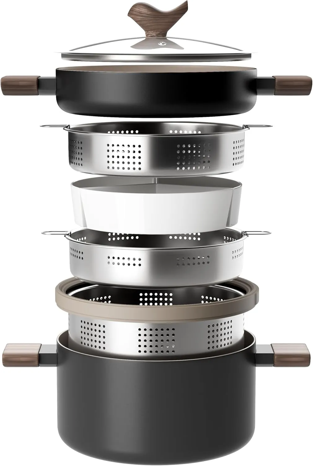VONIKI Ceramic Cookware Set, Nonstick Stock Pots With Stainless Steel Steamer for Cooking Pot Set, Soup Pot With Lid, Multipots with Steamer Basket for Pot, Pasta Strainer Insert, Pots and Pans Black