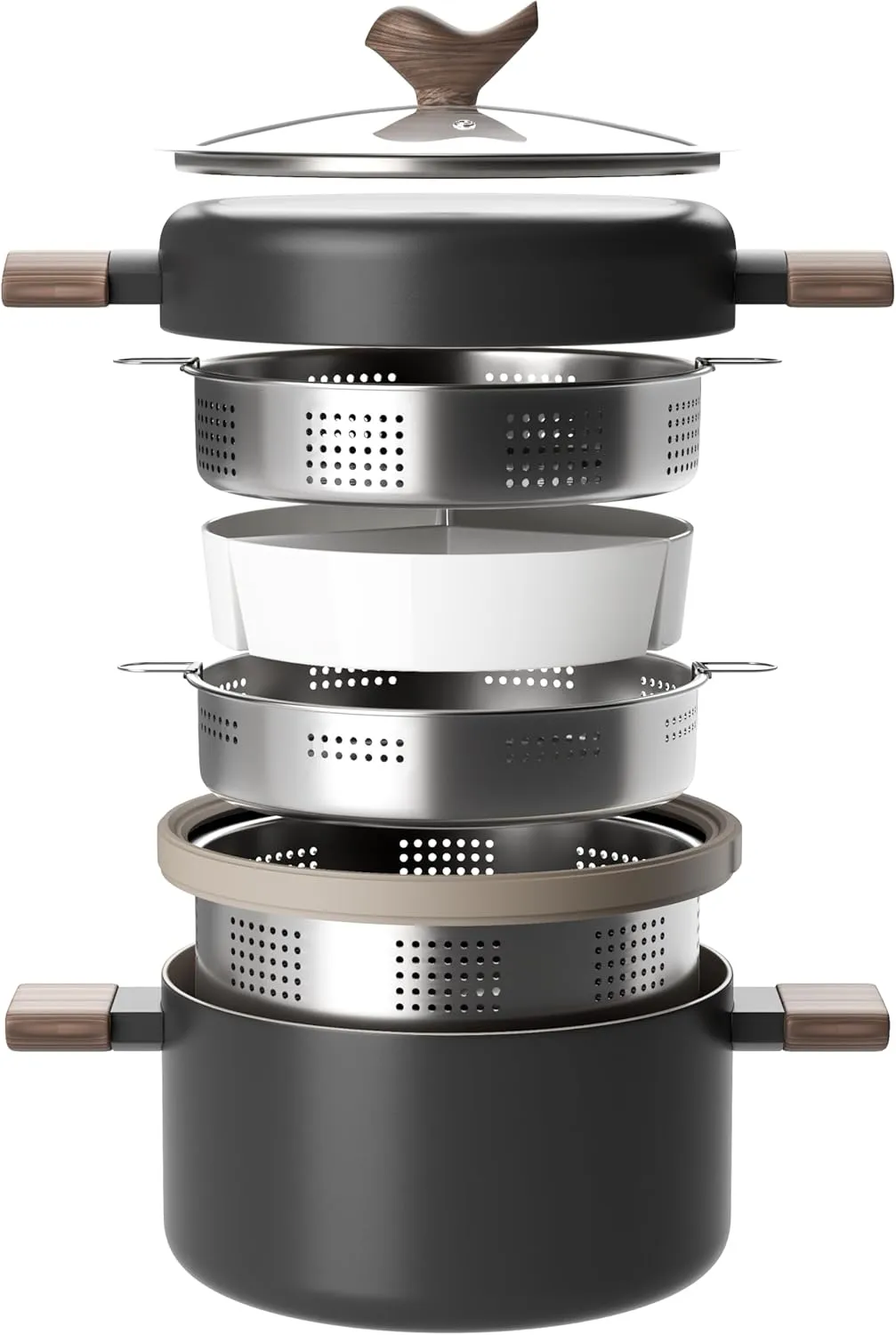 VONIKI Ceramic Cookware Set, Nonstick Stock Pots With Stainless Steel Steamer for Cooking Pot Set, Soup Pot With Lid, Multipots with Steamer Basket for Pot, Pasta Strainer Insert, Pots and Pans Black