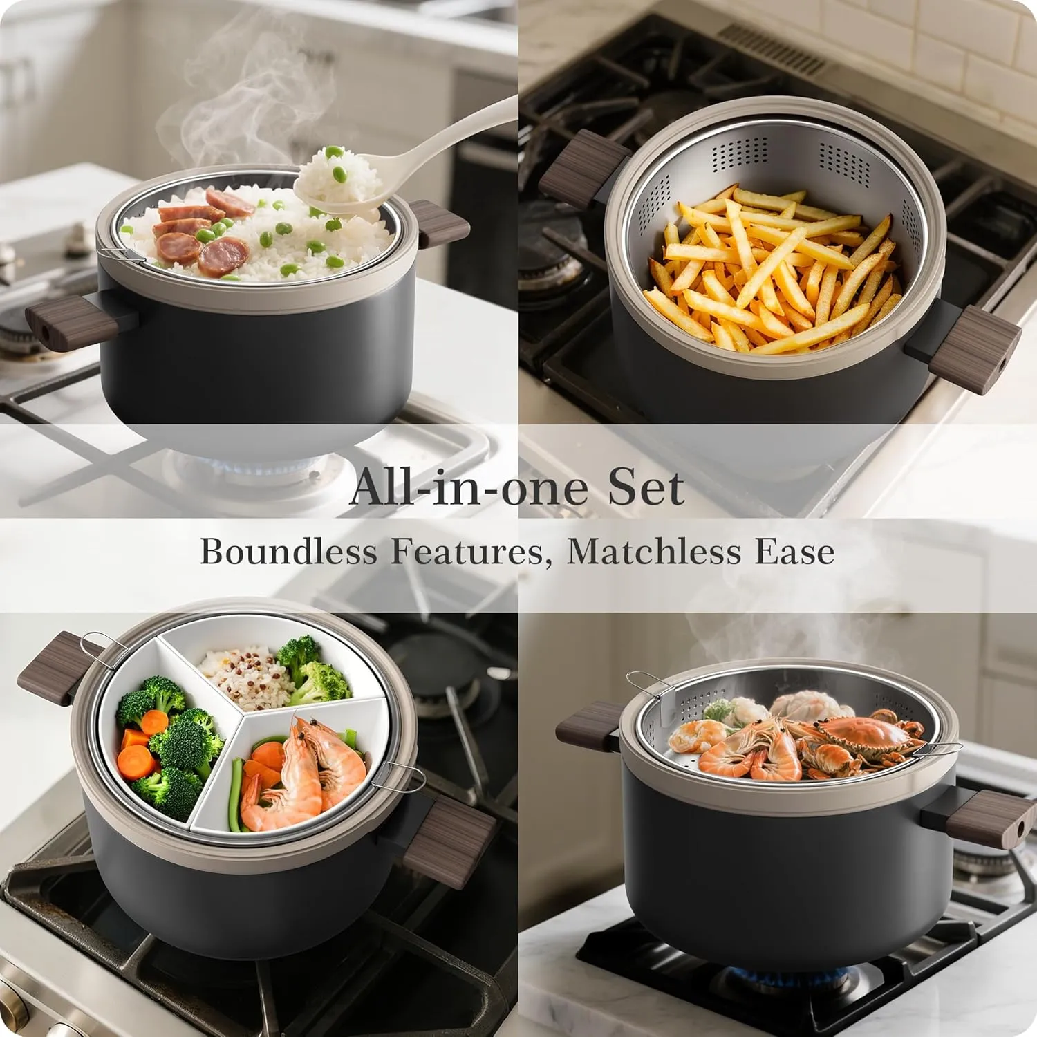 VONIKI Ceramic Cookware Set, Nonstick Stock Pots With Stainless Steel Steamer for Cooking Pot Set, Soup Pot With Lid, Multipots with Steamer Basket for Pot, Pasta Strainer Insert, Pots and Pans Black