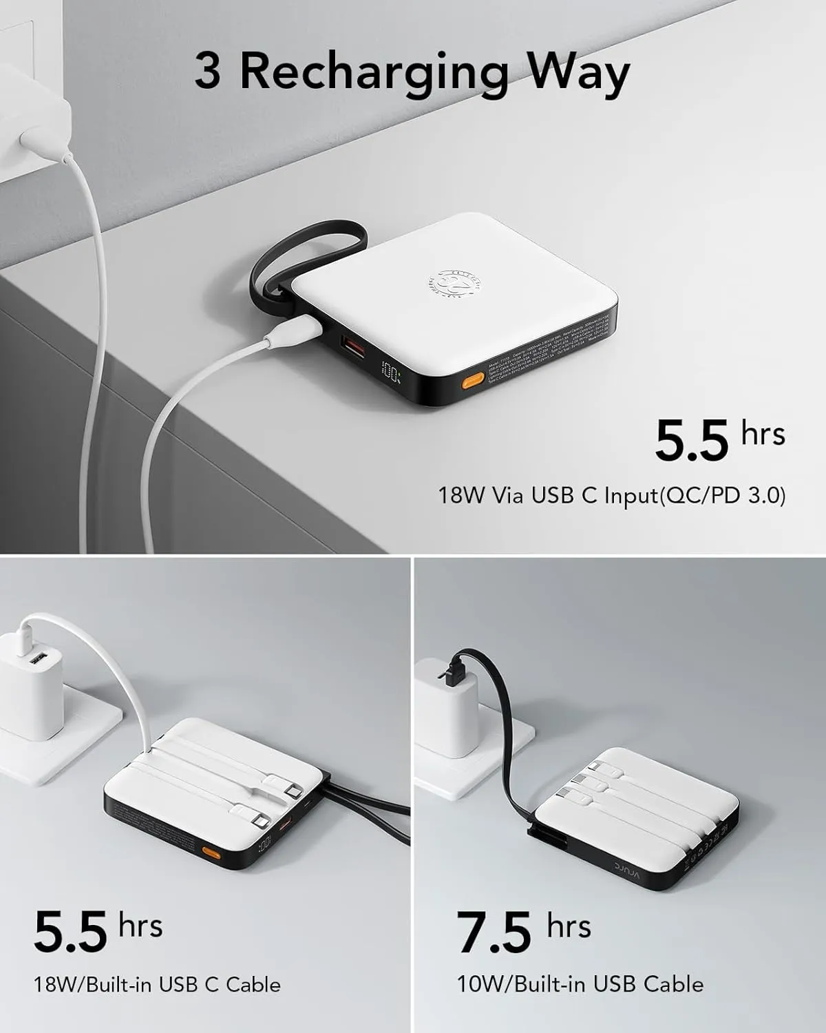 VRURC 20000mAh Portable Charger with Built-in Cables, Travel Essentials, Power Bank PD 20W for iPhone Fast Charging Battery Pack, for iPhone 16 15 14 13 12 11 x Samsung Galaxy Series, White(1 Pack)