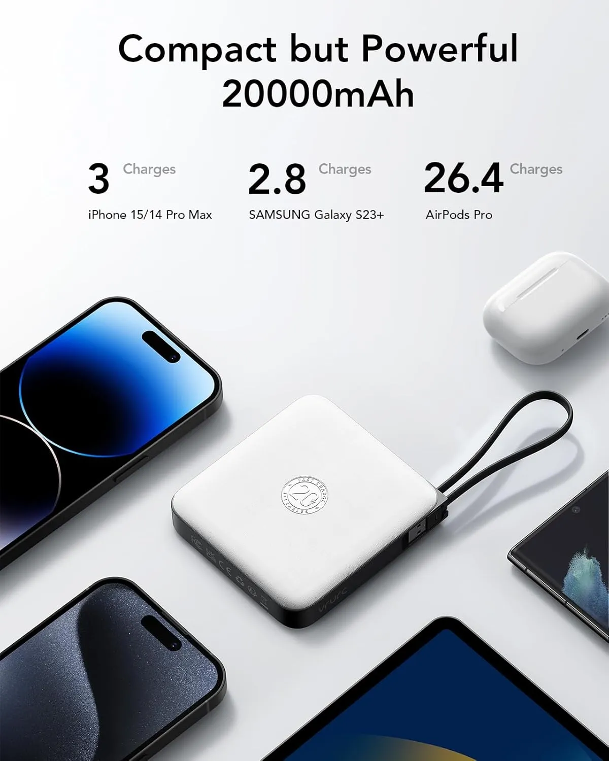 VRURC 20000mAh Portable Charger with Built-in Cables, Travel Essentials, Power Bank PD 20W for iPhone Fast Charging Battery Pack, for iPhone 16 15 14 13 12 11 x Samsung Galaxy Series, White(1 Pack)