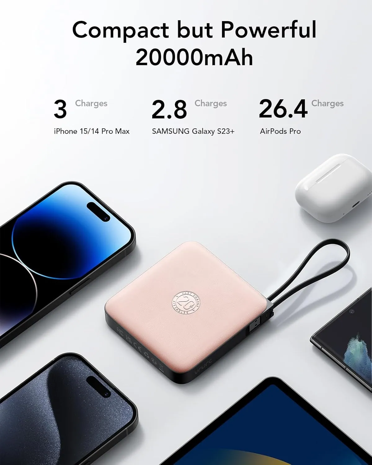 VRURC 20000mAh Power Bank Built-in Cables, Travel Essentials, Portable Charger 22.5W Fast Charging USB C Battery Pack, Phone Battery for iPhone 16 15 14 13 12 11 x Samsung Android Phone,Pink(1 Pack)
