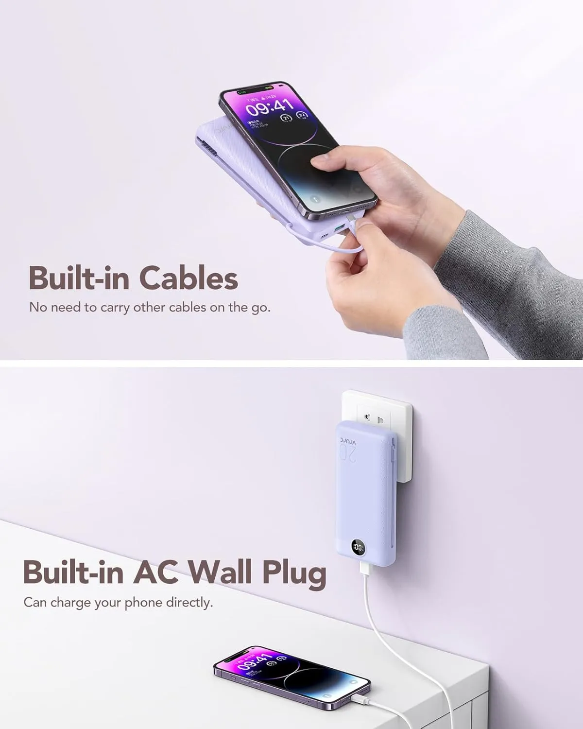 VRURC Portable Charger 20000mAh, Fast Charging Power Bank USB C,4 Output 2 Input Travel Essentials Charging Bank Equipped with LED Display,Built-in Wall Plug and Cables,Phone Charger Battery,Purple