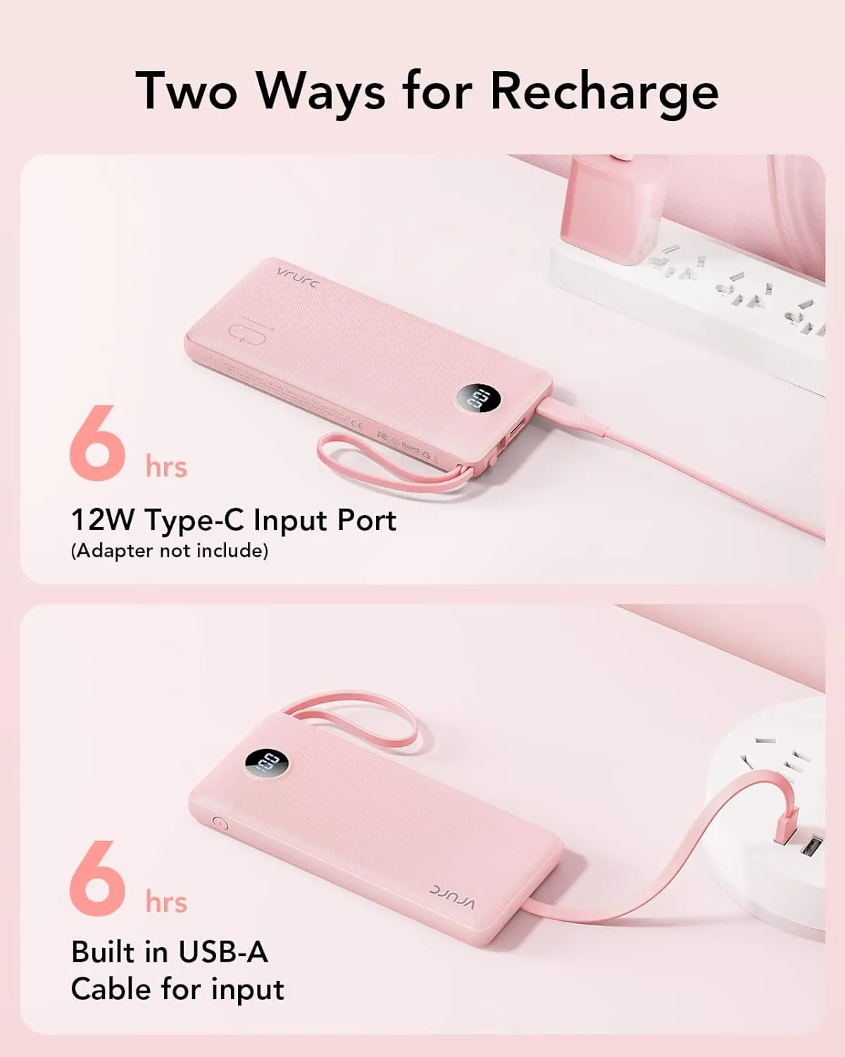 VRURC Portable Charger Power Bank, 10000mAh Travel Essentials Battery Pack, 5 Outputs 2 Inputs Slim Charging Bank Built-in Cables Cords Wires Compatible with iPhone,Samsung,Android-Pink(1 Pack)