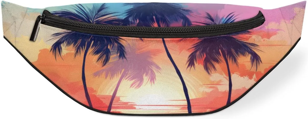 Watercolour Coconut Grove Sunset Fanny Pack for Women Men Waist Pack Crossbody Bag with Adjustable Belt for Travel Hiking Running Cycling Festivals