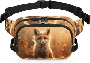 Watercolour Fox Flower Field Waterproof Fanny Pack for Women Men Adjustable Waist Bag with Double Zipper Pockets Lightweight Square Hip Pack for Running Travel Hiking Workout Cycling