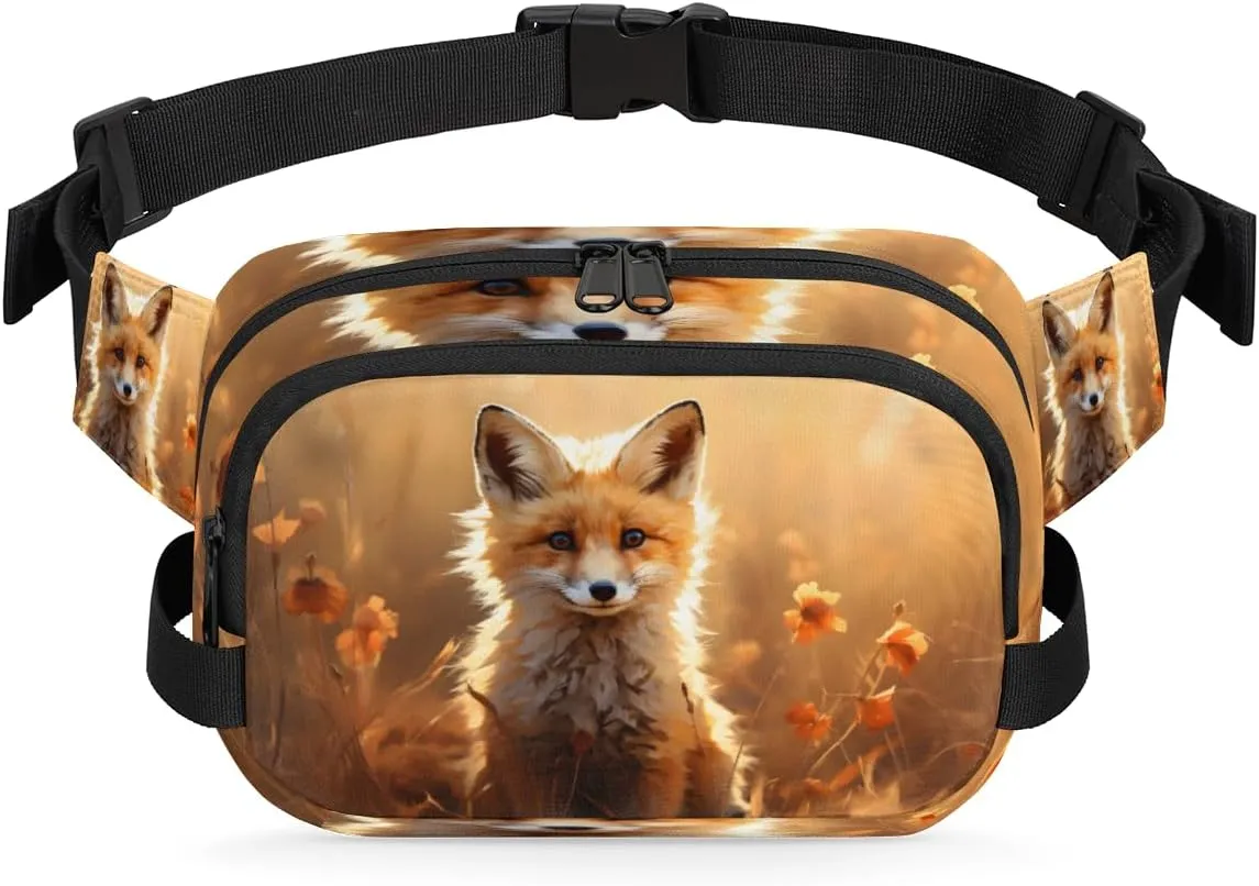 Watercolour Fox Flower Field Waterproof Fanny Pack for Women Men Adjustable Waist Bag with Double Zipper Pockets Lightweight Square Hip Pack for Running Travel Hiking Workout Cycling