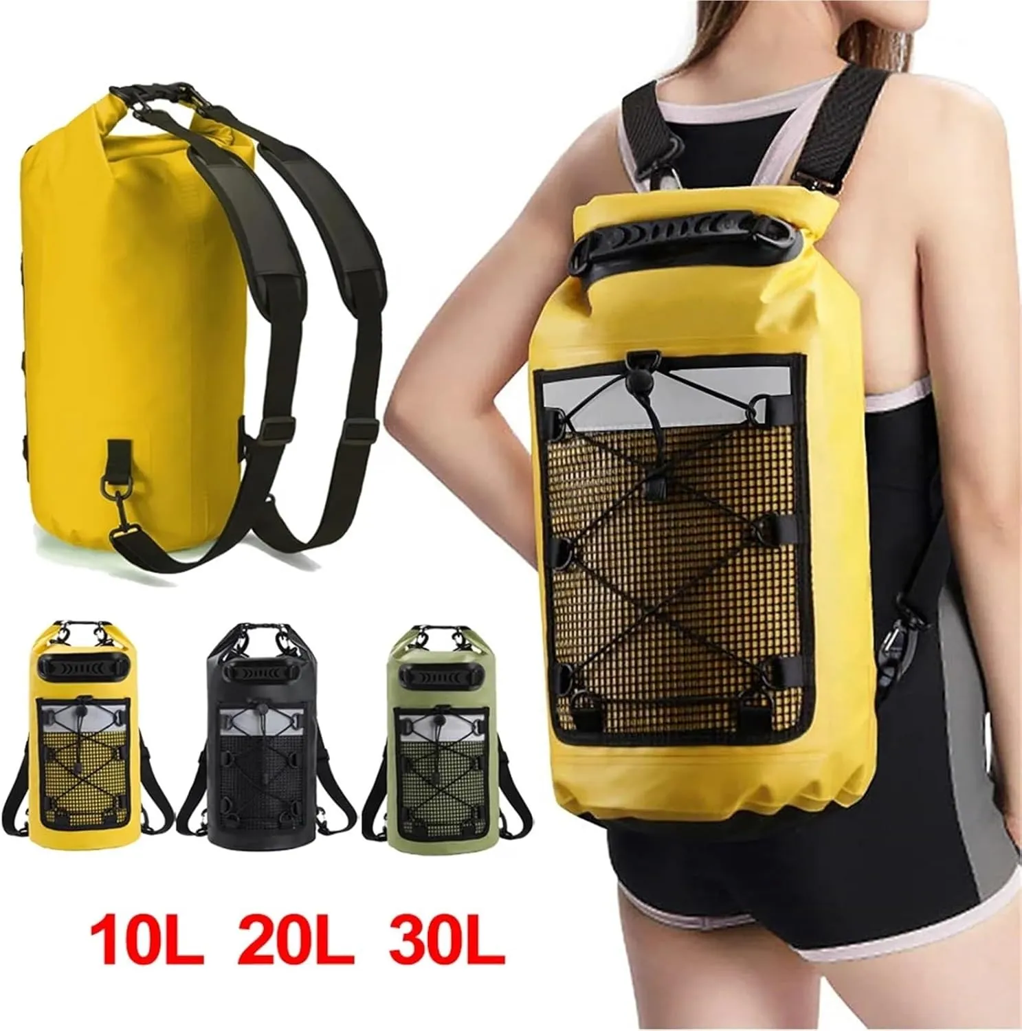 Waterproof Dry Bag 2pcs Swimming PVC Pack Dry Bag Backpack for Women Men 10L 20L Waterproof Shoulder Kayak Trekking Drifting Rafting Surfing Boating Bag for Swimming,Boating(10L Yellow)
