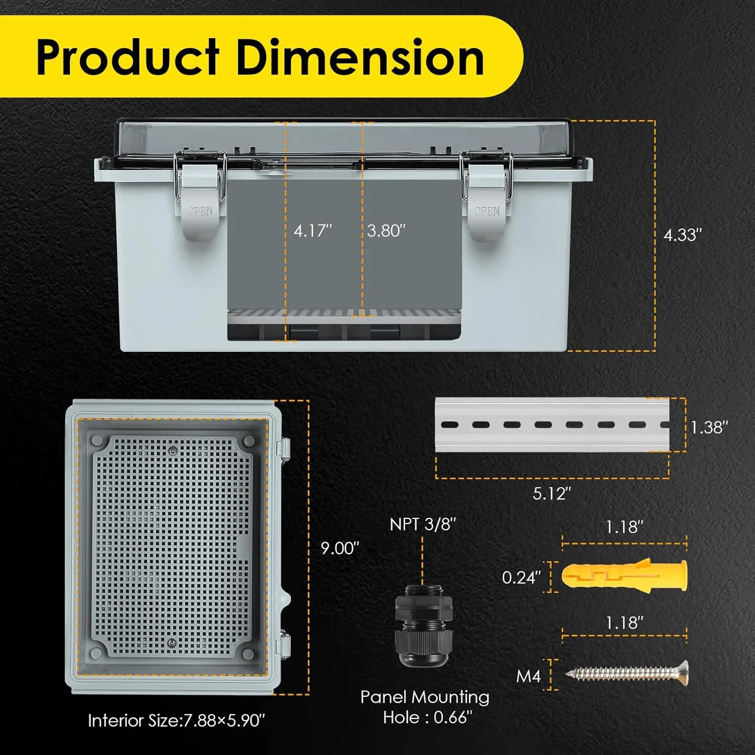 Waterproof Electrical Junction Box Outdoor, IP67 ABS Plastic Weatherproof Electrical Enclosure with Aluminum DIN Rail, Mounting Platem for WiFi Project, Clear (8.7''x6.7''x4.3)