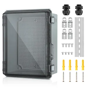 Waterproof Electrical Junction Box Outdoor, IP67 ABS Plastic Weatherproof Electrical Enclosure with Aluminum DIN Rail, Mounting Platem for WiFi Project, Clear (8.7''x6.7''x4.3)