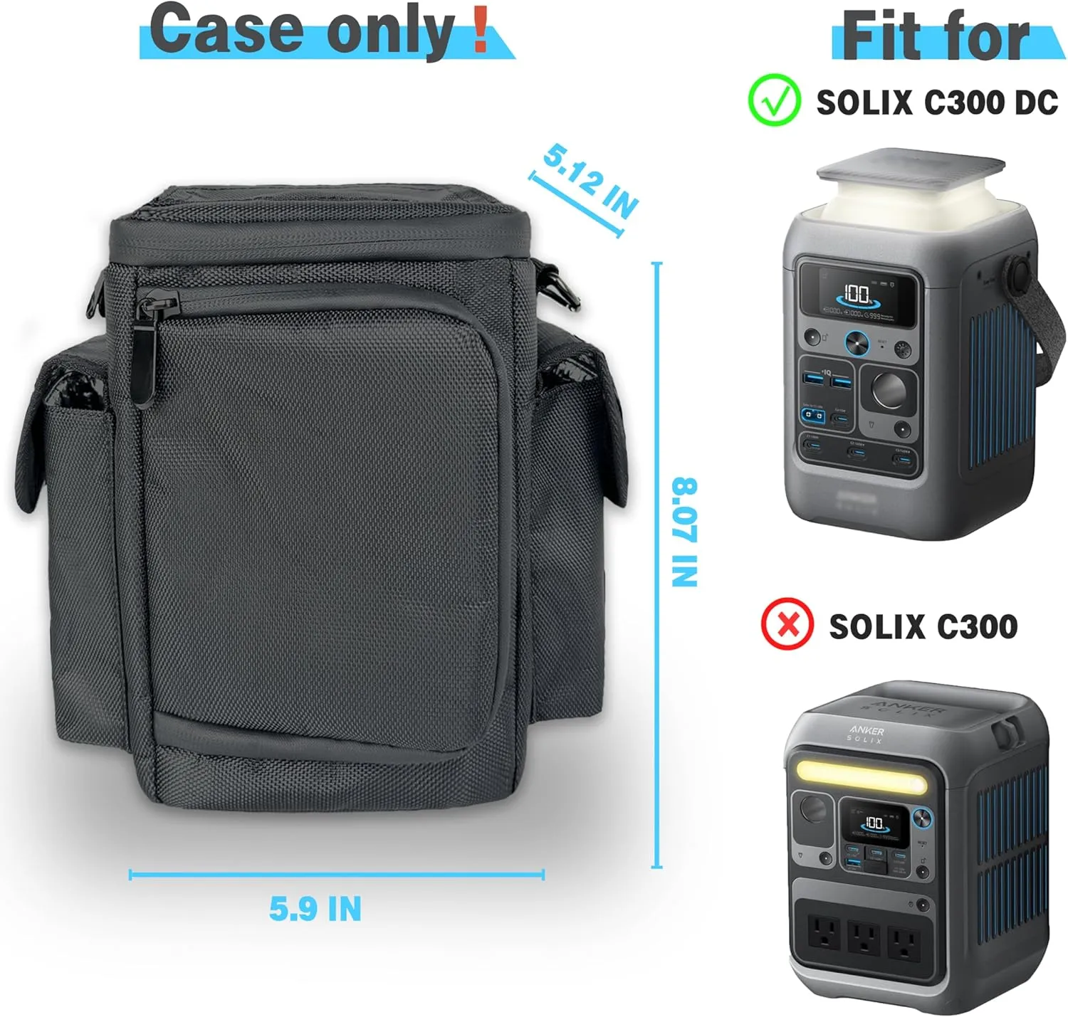 Waterproof Travel Bag Compatible with Anker SOLIX C300 DC Power Bank Station Outdoor 288Wh 90,000mAh，Power Bank Station Storage Case Cover with Two Pockets and Adjustable Strap