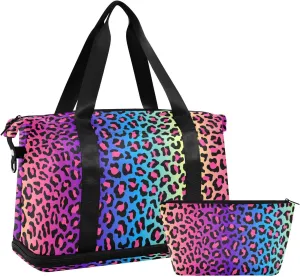Weekender Bag for Women, Rainbow Leopard Cheetah Gym Bag Sports Duffle Bag Travel Tote Bag with Toiletry Bag Shoes Compartment Dry/Wet Separation Swim Bag