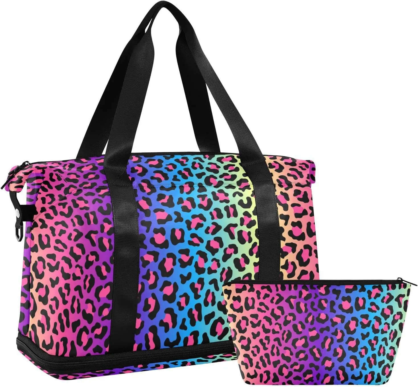 Weekender Bag for Women, Rainbow Leopard Cheetah Gym Bag Sports Duffle Bag Travel Tote Bag with Toiletry Bag Shoes Compartment Dry/Wet Separation Swim Bag