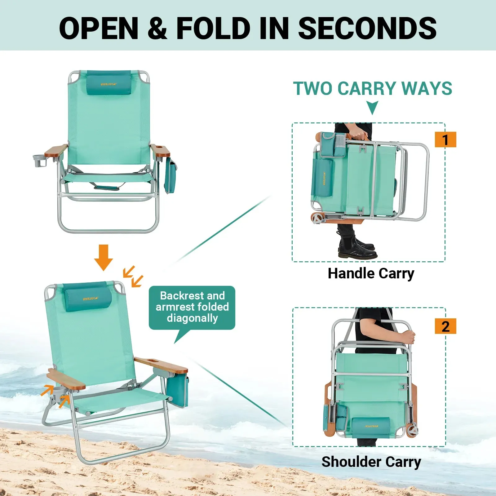 WEJOY Beach Chair With Wooden Armrest Set of 2