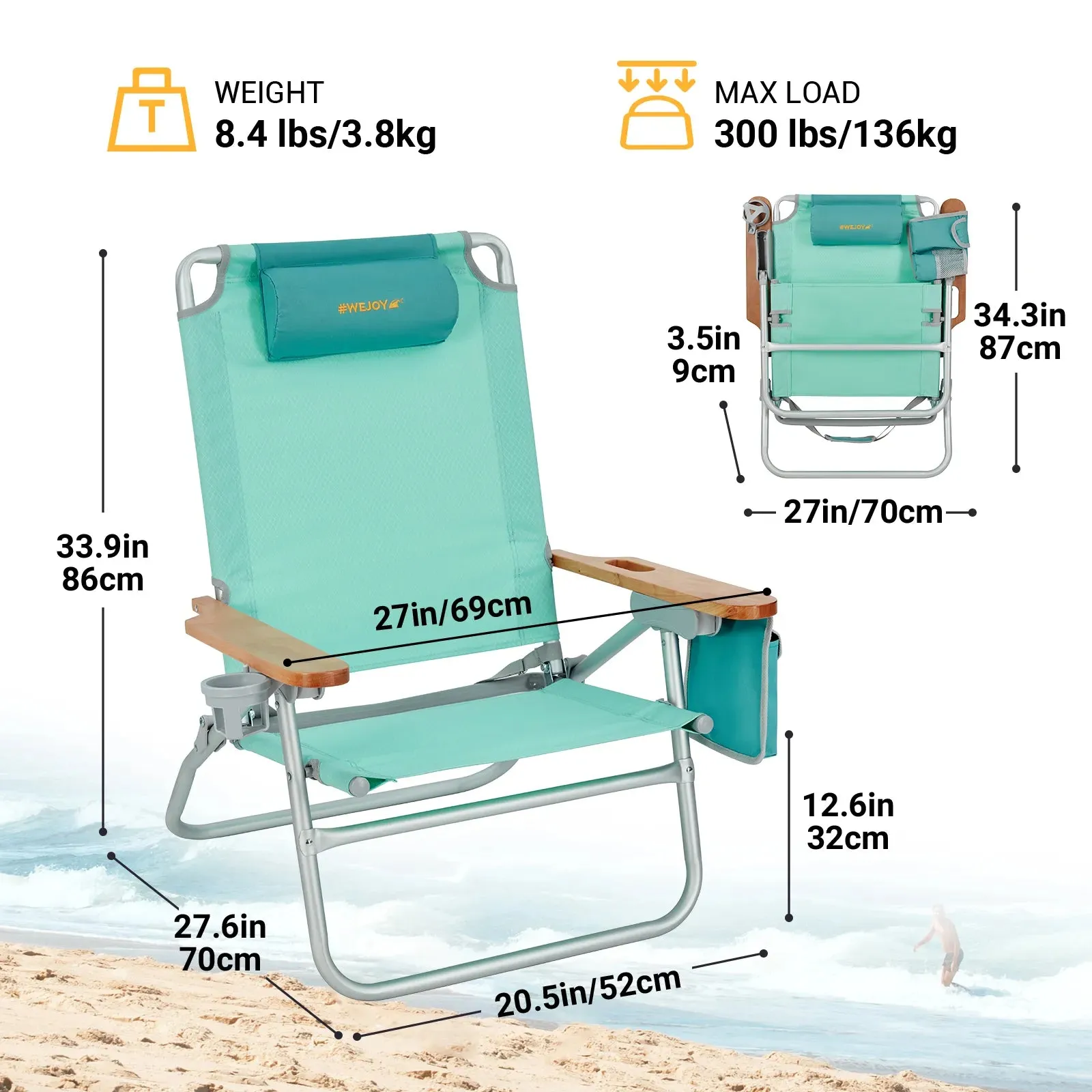 WEJOY Beach Chair With Wooden Armrest Set of 2
