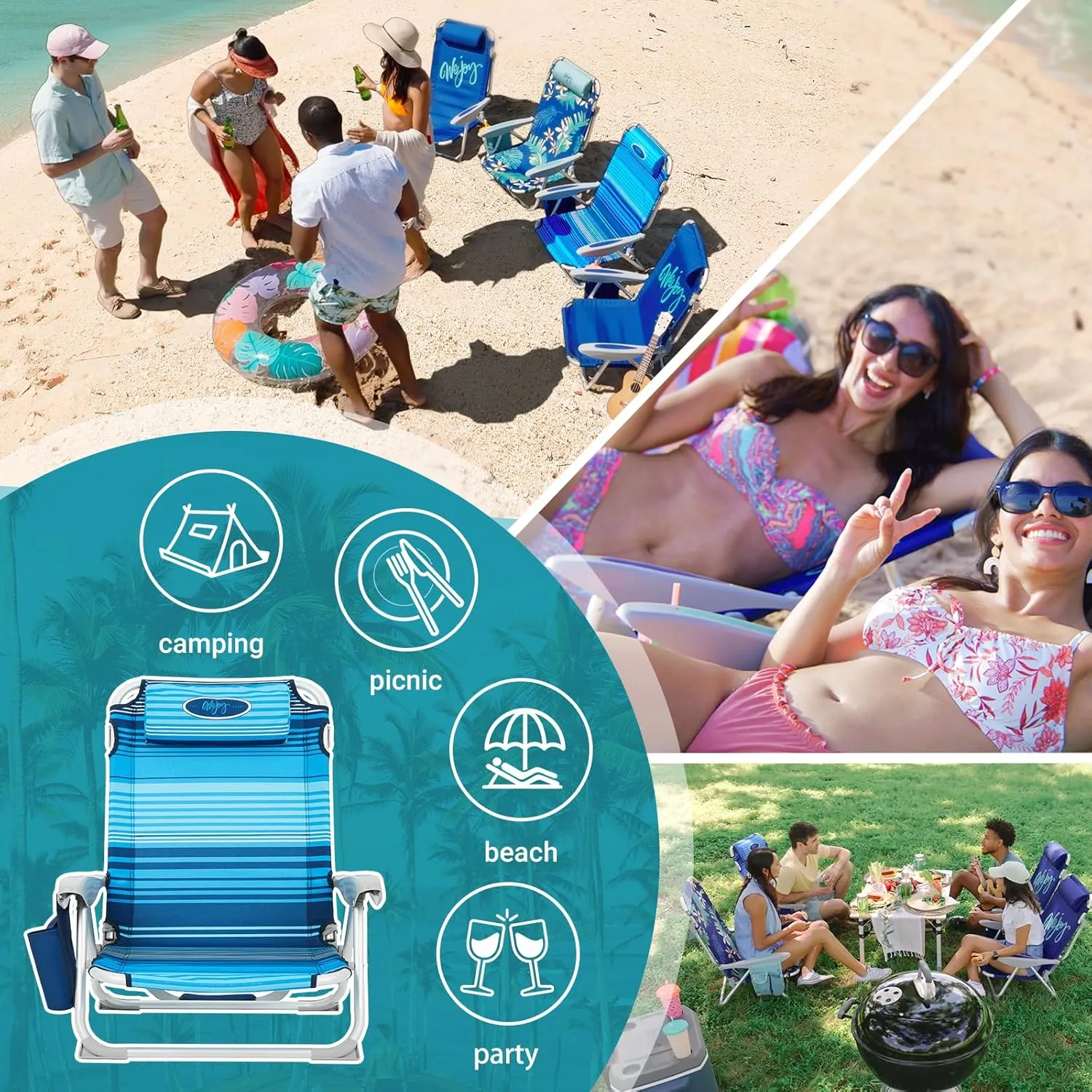 #WEJOY Folding Beach Chair for Adults, 4-Position Aluminum Lightweight Beach Chair, Low Sands Chairs with Shoulder Strap, Cup Holder and Padded Headrest, Supports 265lbs for Lawn