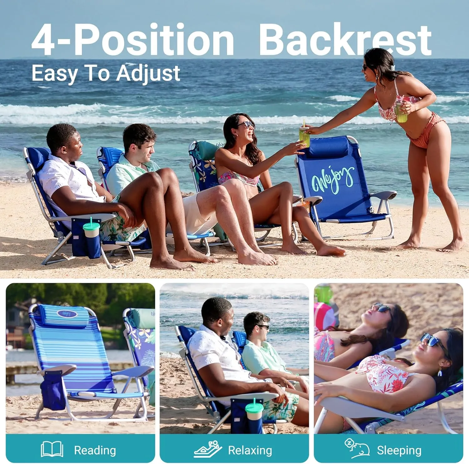 #WEJOY Folding Beach Chair for Adults, 4-Position Aluminum Lightweight Beach Chair, Low Sands Chairs with Shoulder Strap, Cup Holder and Padded Headrest, Supports 265lbs for Lawn