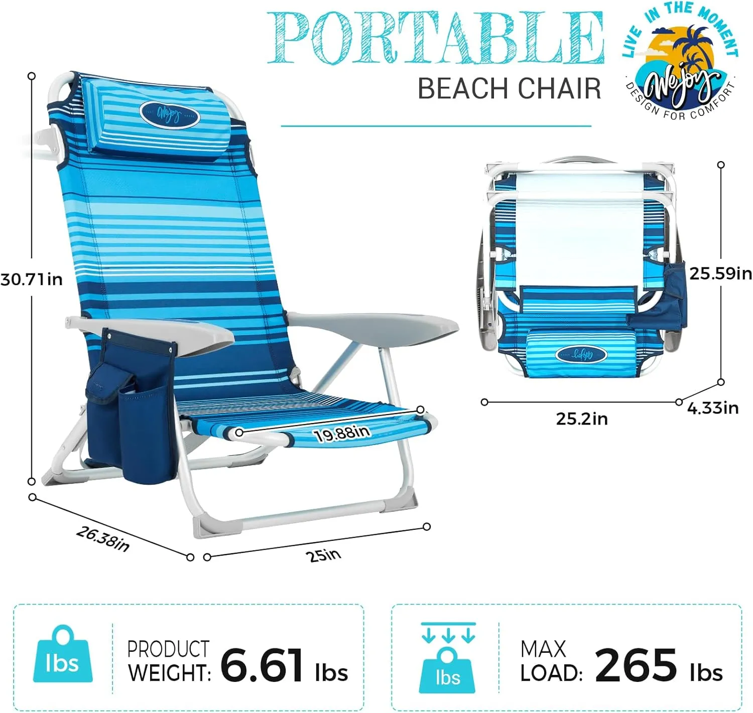 #WEJOY Folding Beach Chair for Adults, 4-Position Aluminum Lightweight Beach Chair, Low Sands Chairs with Shoulder Strap, Cup Holder and Padded Headrest, Supports 265lbs for Lawn