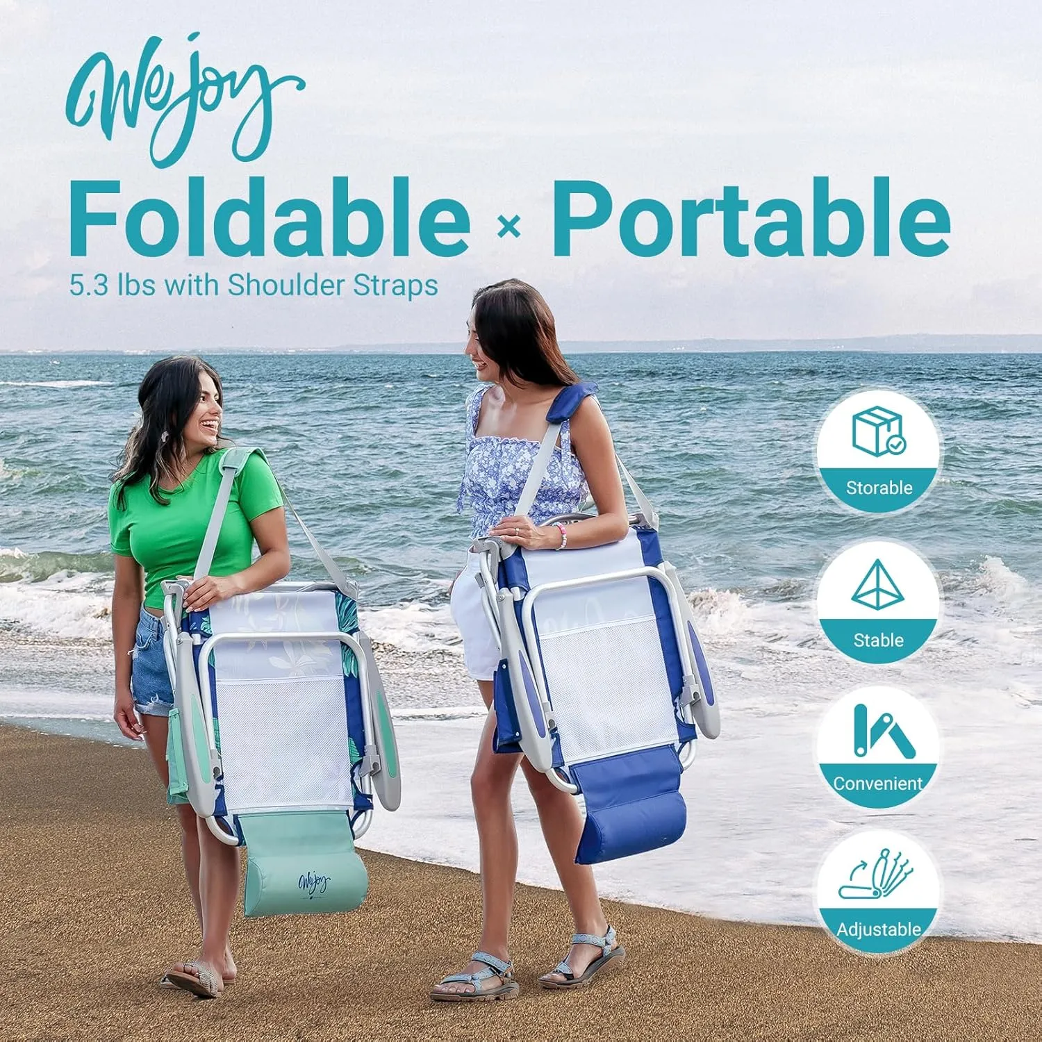 #WEJOY Folding Beach Chair for Adults, 4-Position Aluminum Lightweight Beach Chair, Low Sands Chairs with Shoulder Strap, Cup Holder and Padded Headrest, Supports 265lbs for Lawn