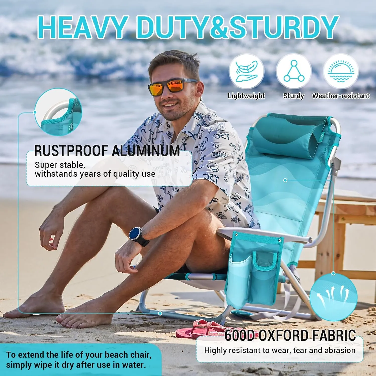 #WEJOY Folding Beach Chair for Adults, 4-Position Aluminum Lightweight Beach Chair, Low Sands Chairs with Shoulder Strap, Cup Holder and Padded Headrest, Supports 265lbs for Lawn